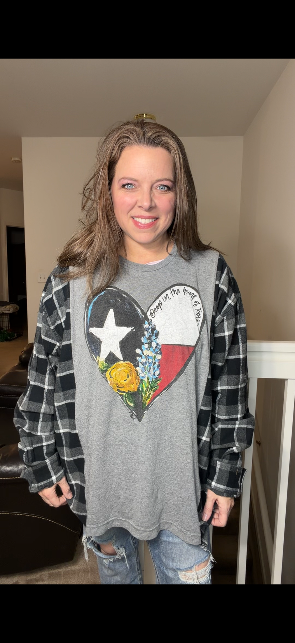 Upcycled Texas - women's 3X T-shirt with flannel sleeves