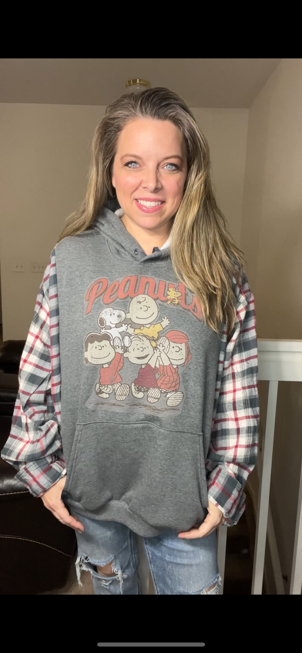 Upcycled Peanuts – women’s 3X midweight sweatshirt with flannel sleeves