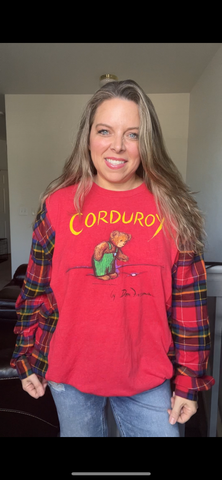 Upcycled Corduroy – women’s 3X/4X T-shirt with flannel sleeves