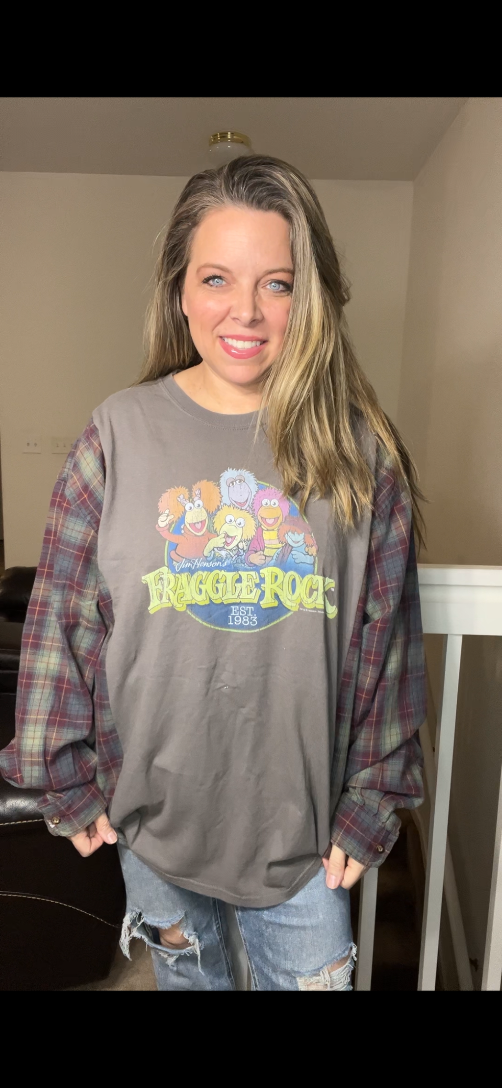 Upcycled Fraggle rock – women’s 3X T-shirt with flannel sleeves