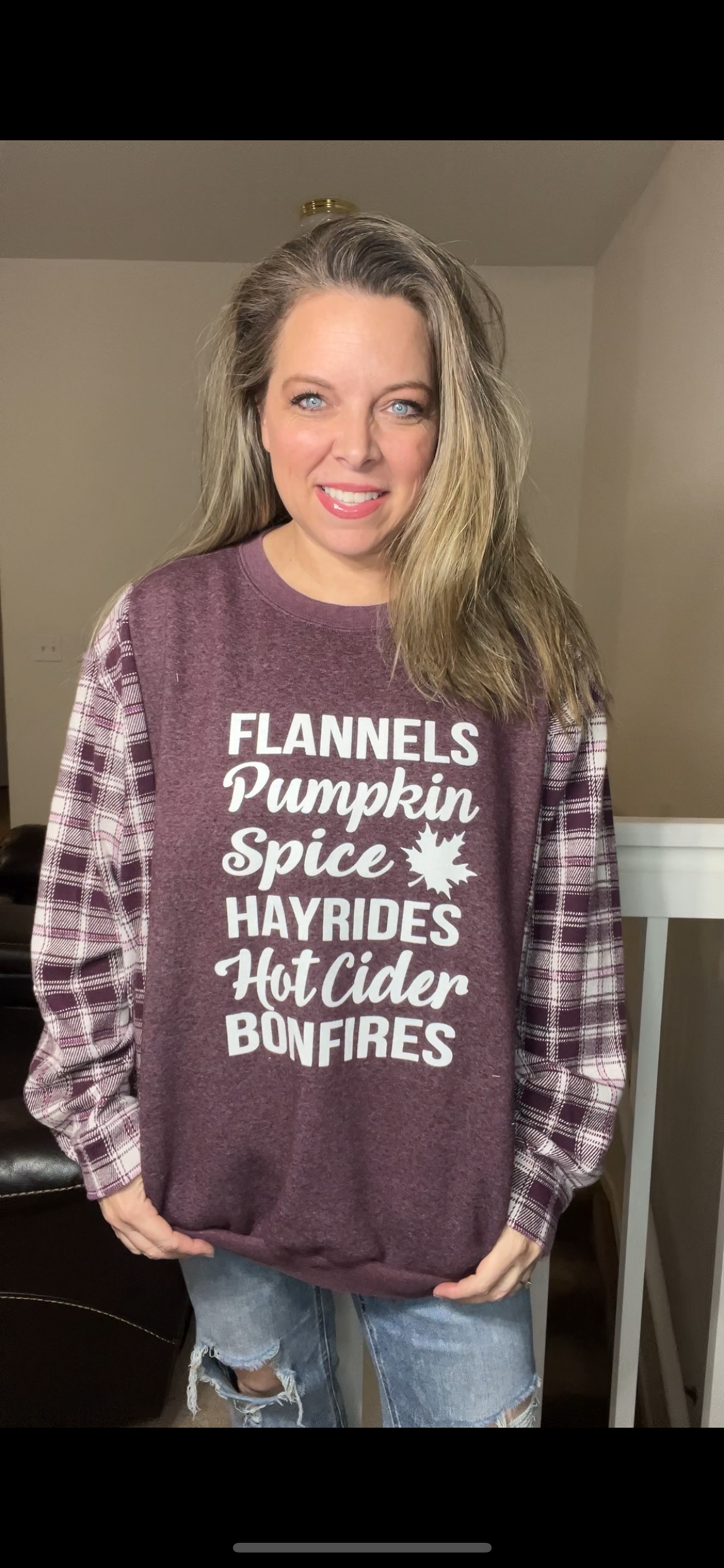 Upcycled Hayrides – women’s 4X midweight sweatshirt with stretchy flannel sleeves￼