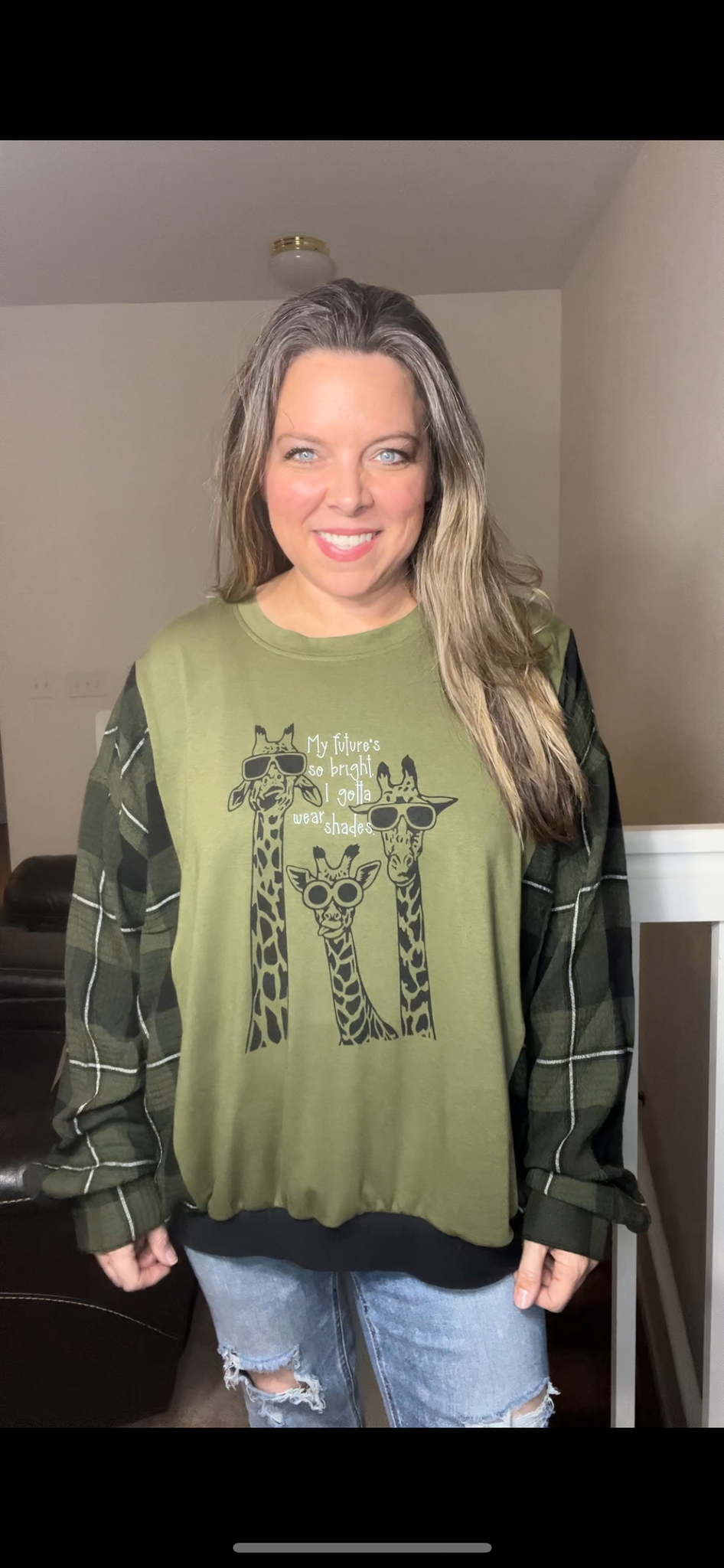 Upcycled Giraffes – women’s 3X T-shirt, with soft flannel sleeves