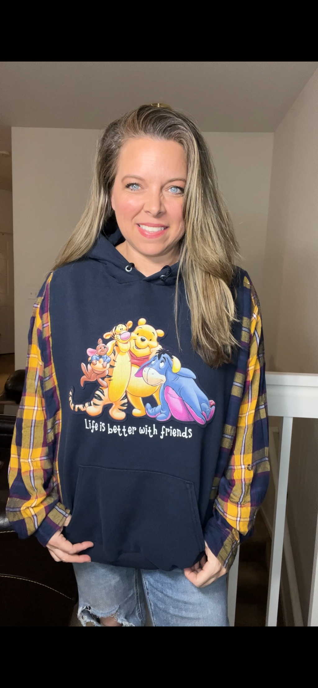 Upcycled Pooh – women’s 2X midweight sweatshirt with thin flannel sleeves