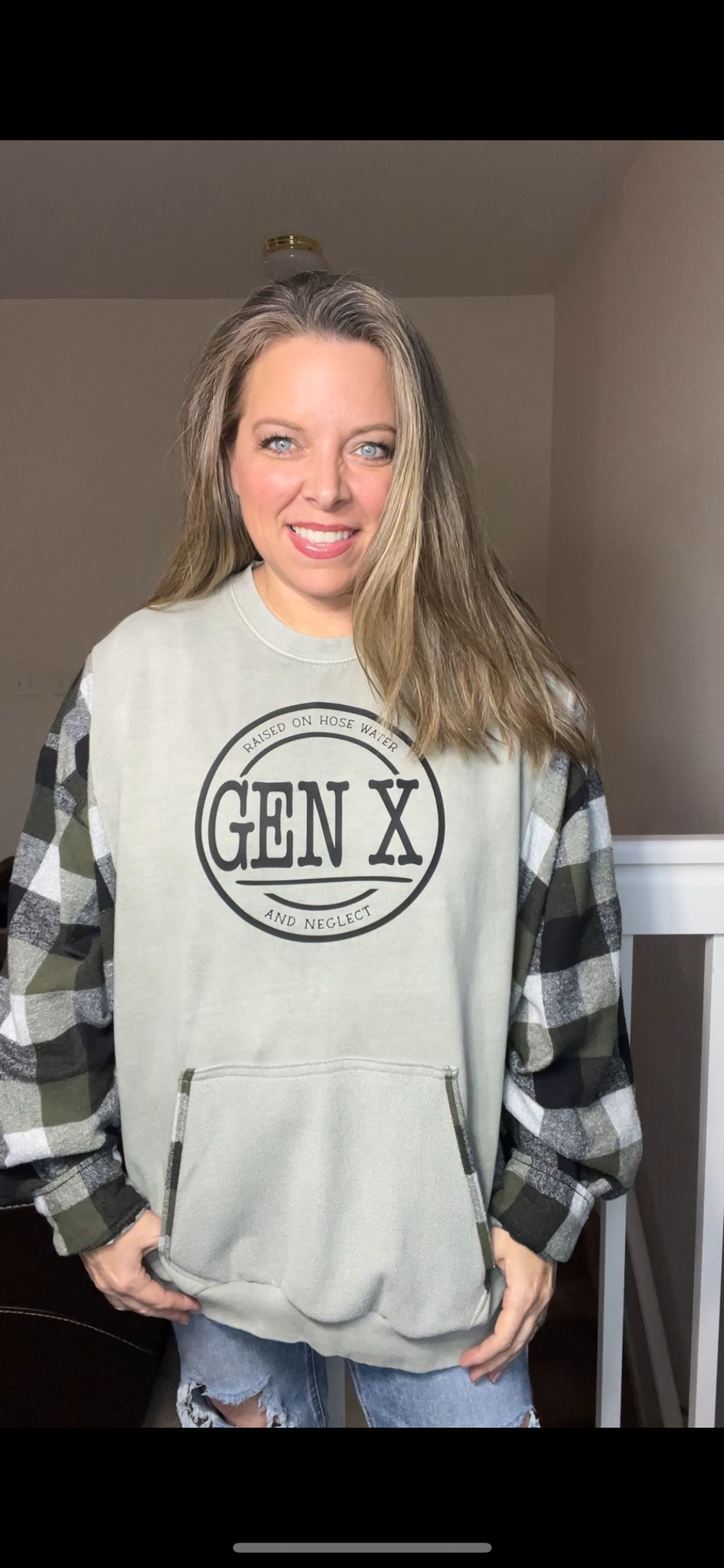Upcycled Gen X – women’s 3X midweight sweatshirt with flannel sleeves