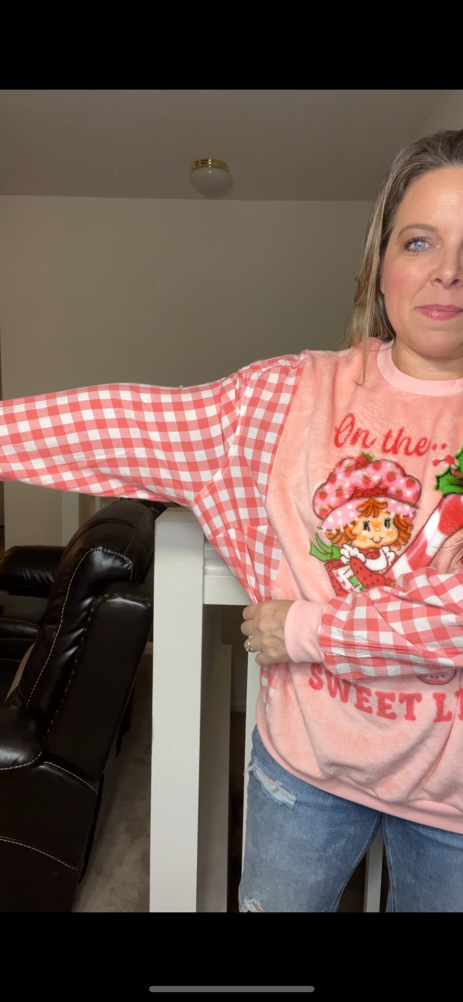 Upcycled Strawberry shortcake – women’s medium/large – fuzzy sweatshirt with thin cotton sleeves