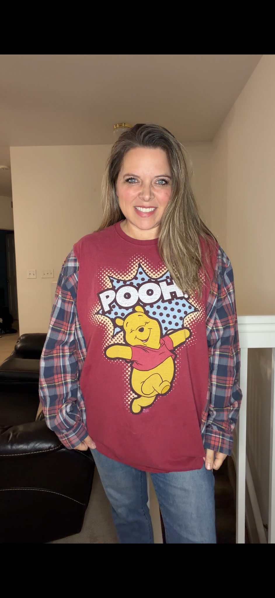 Upcycled Pooh - women's 4X/5X T-shirt with flannel sleeves