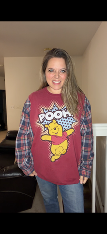 Upcycled Pooh - women's 4X/5X T-shirt with flannel sleeves