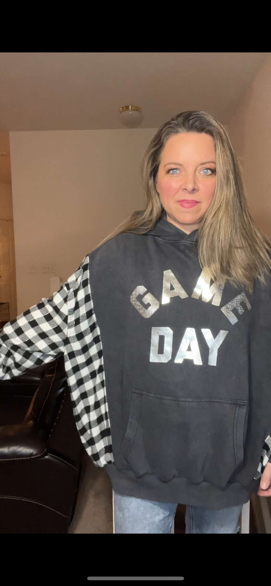 Upcycled Game Day – women’s 2X – midweight sweatshirt with glitter flannel sleeves