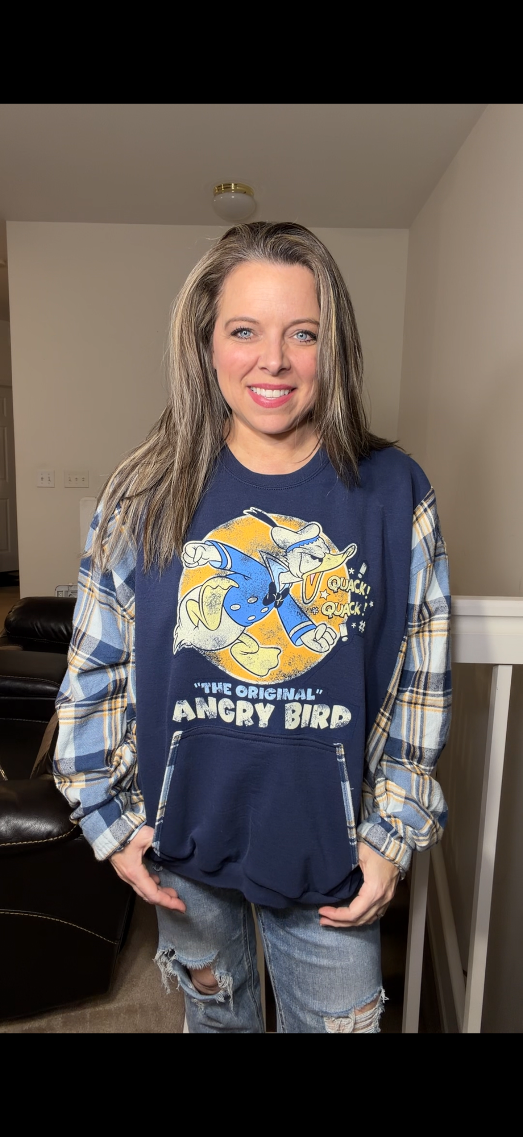 Upcycled Donald Duck – women's 1X/2X midweight sweatshirt with flannel sleeves