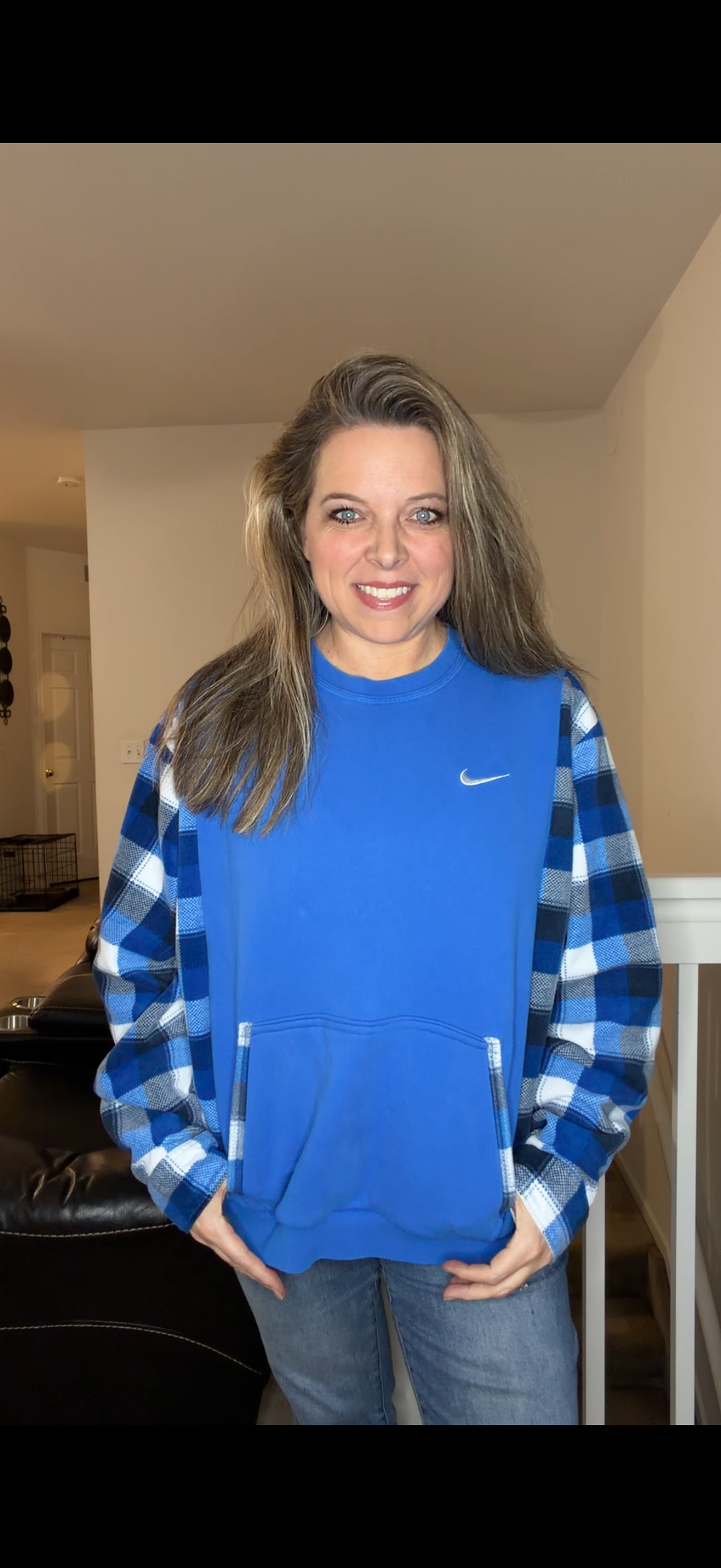 Upcycled Nike blue - women's medium/large midweight sweatshirt with fleece sleeves