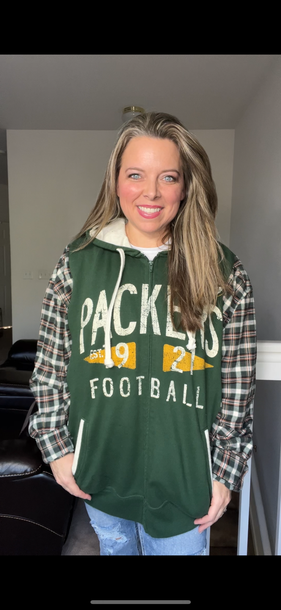 Upcycled Green Bay – women’s 3X – midweight sweatshirt with flannel sleeves ￼