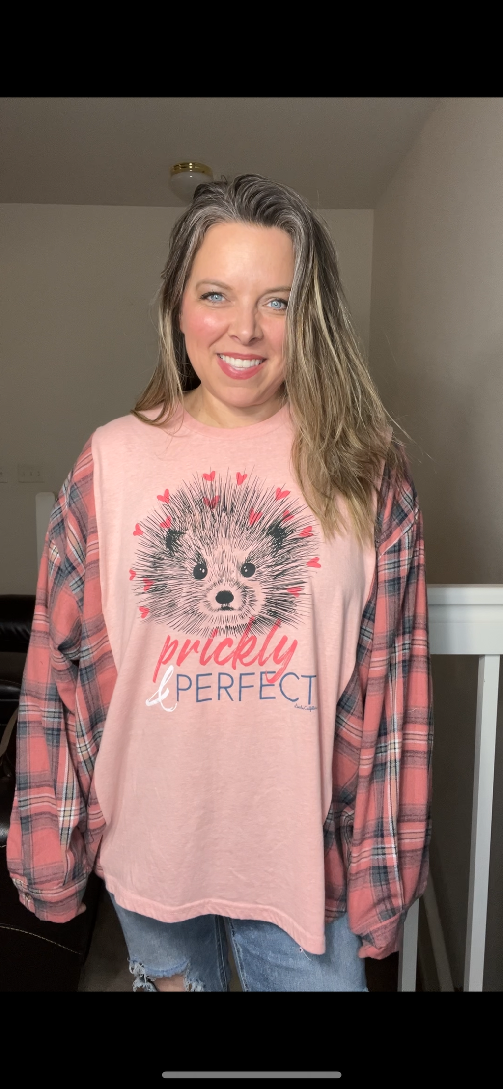 Upcycled Prickley- Women’s 2X/3X thin T-shirt with flannel sleeves