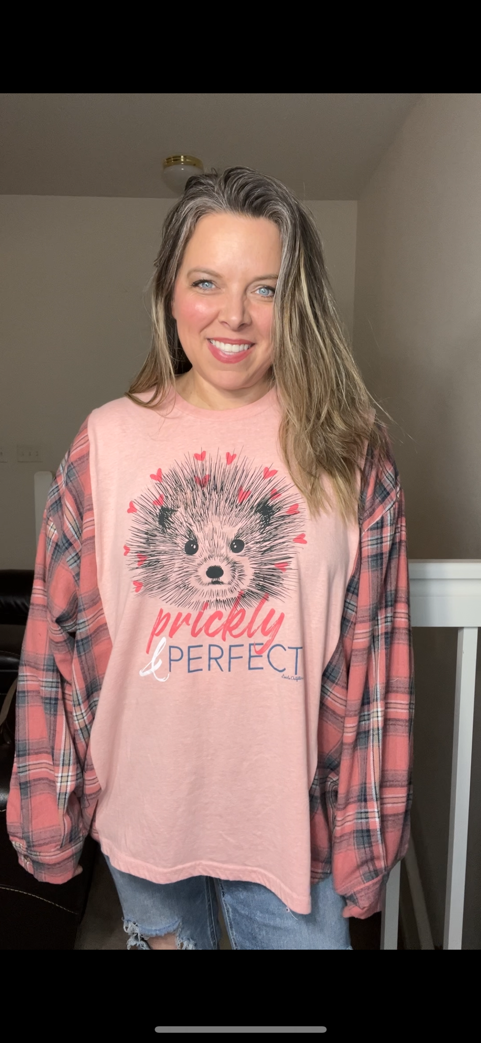 Upcycled Prickley- Women’s 2X/3X thin T-shirt with flannel sleeves