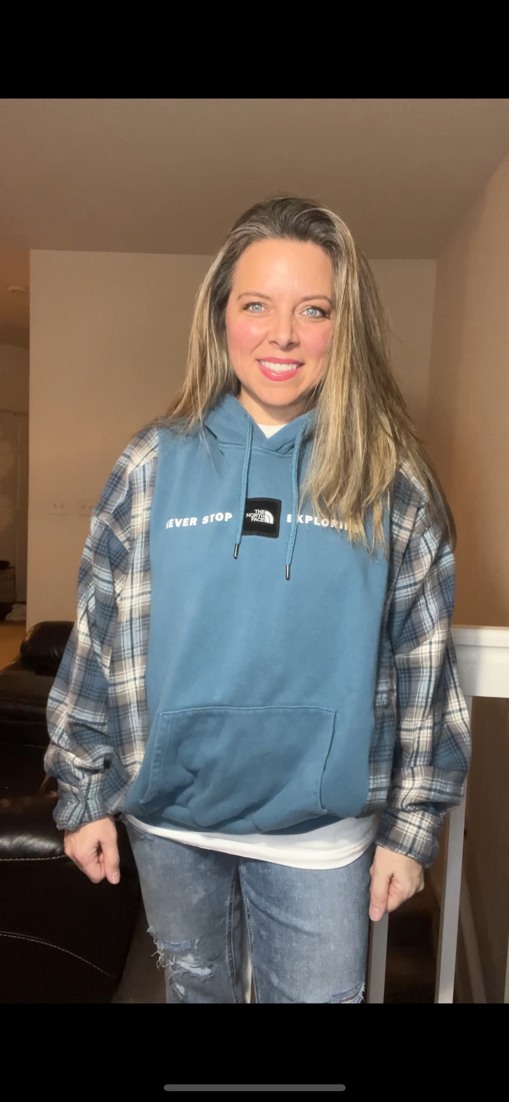 Upcycled Northface – women’s L/XL – midweight sweatshirt with flannel sleeves – no cuffs available￼