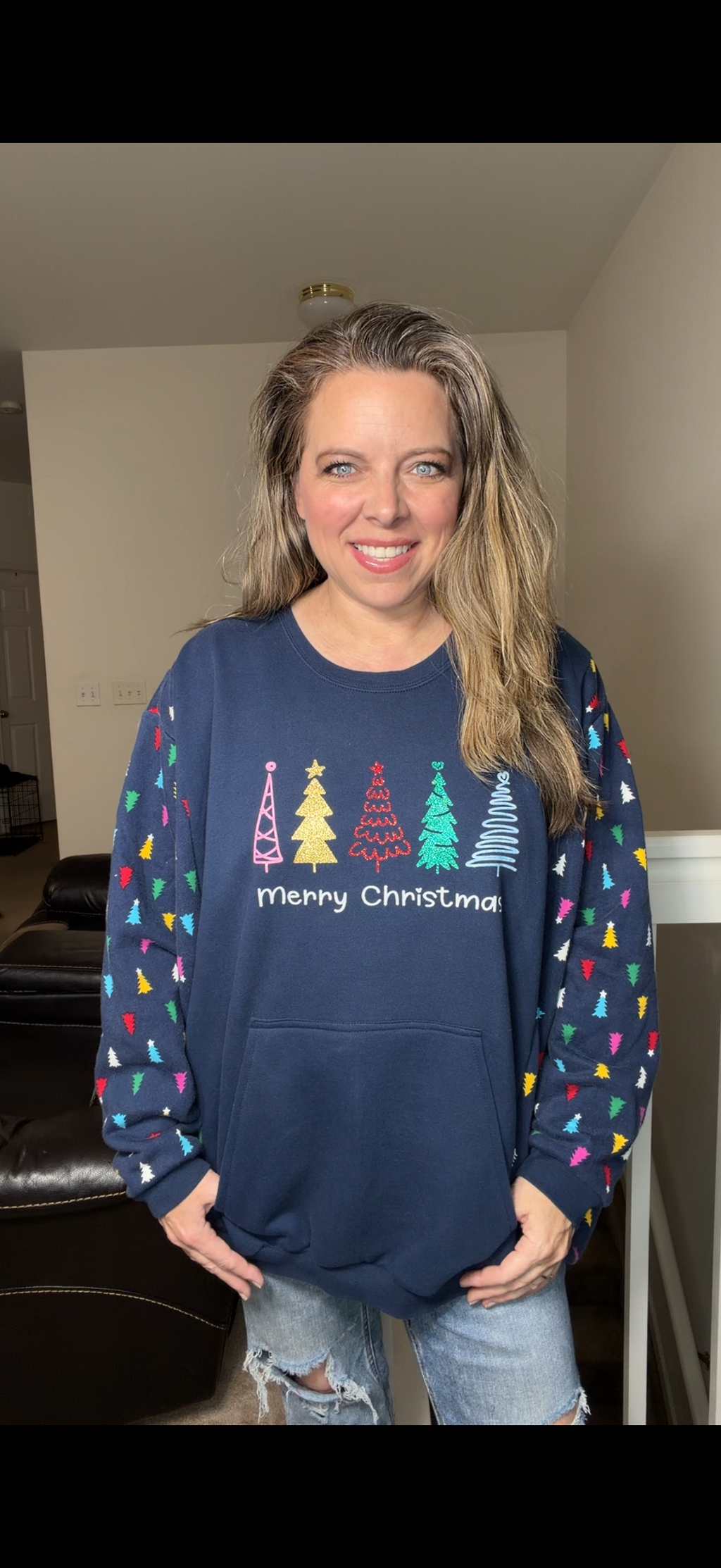 Upcycled Merry Christmas Trees – women's 3X/4X midweight sweatshirt with sweatshirt sleeves ￼