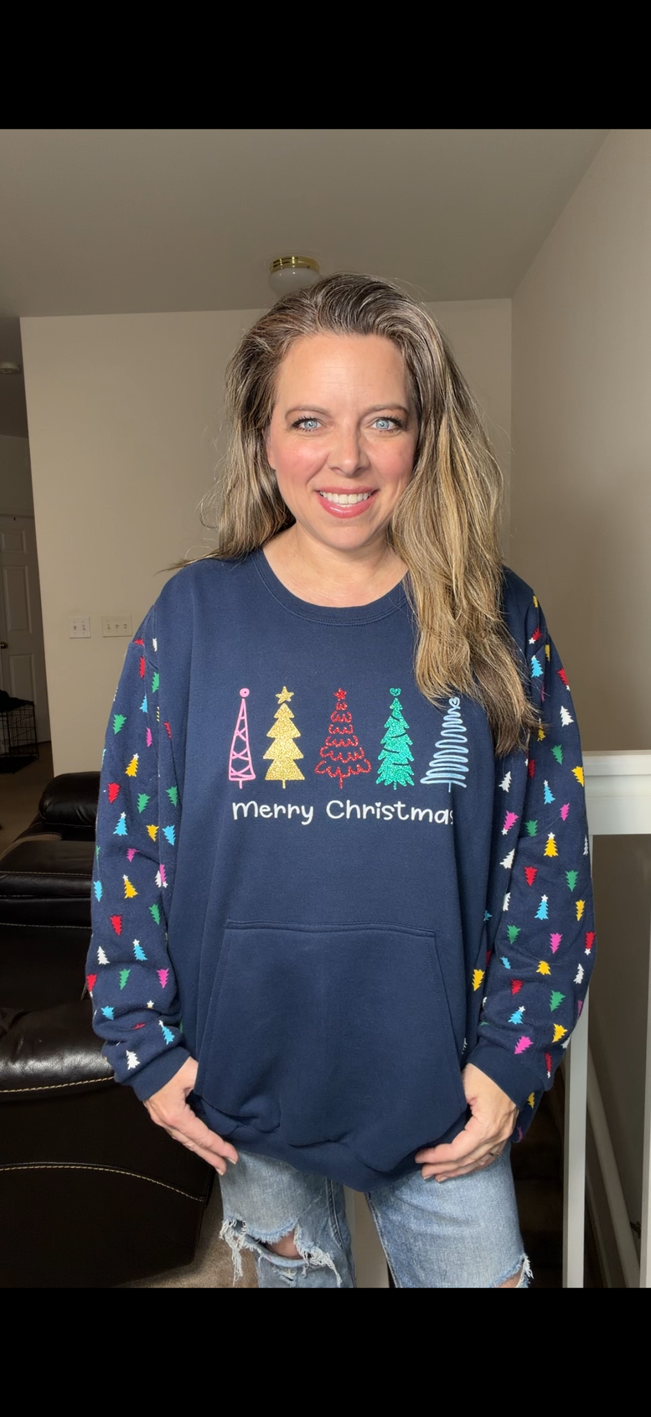 Upcycled Merry Christmas Trees – women's 3X/4X midweight sweatshirt with sweatshirt sleeves ￼