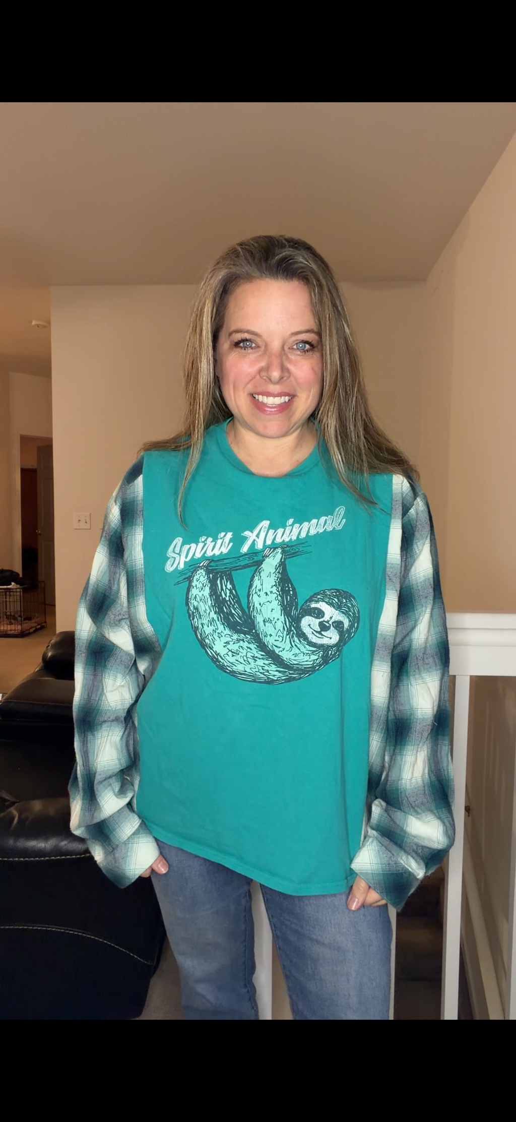 Upcycled Sloth - women's medium T-shirt with flannel sleeves