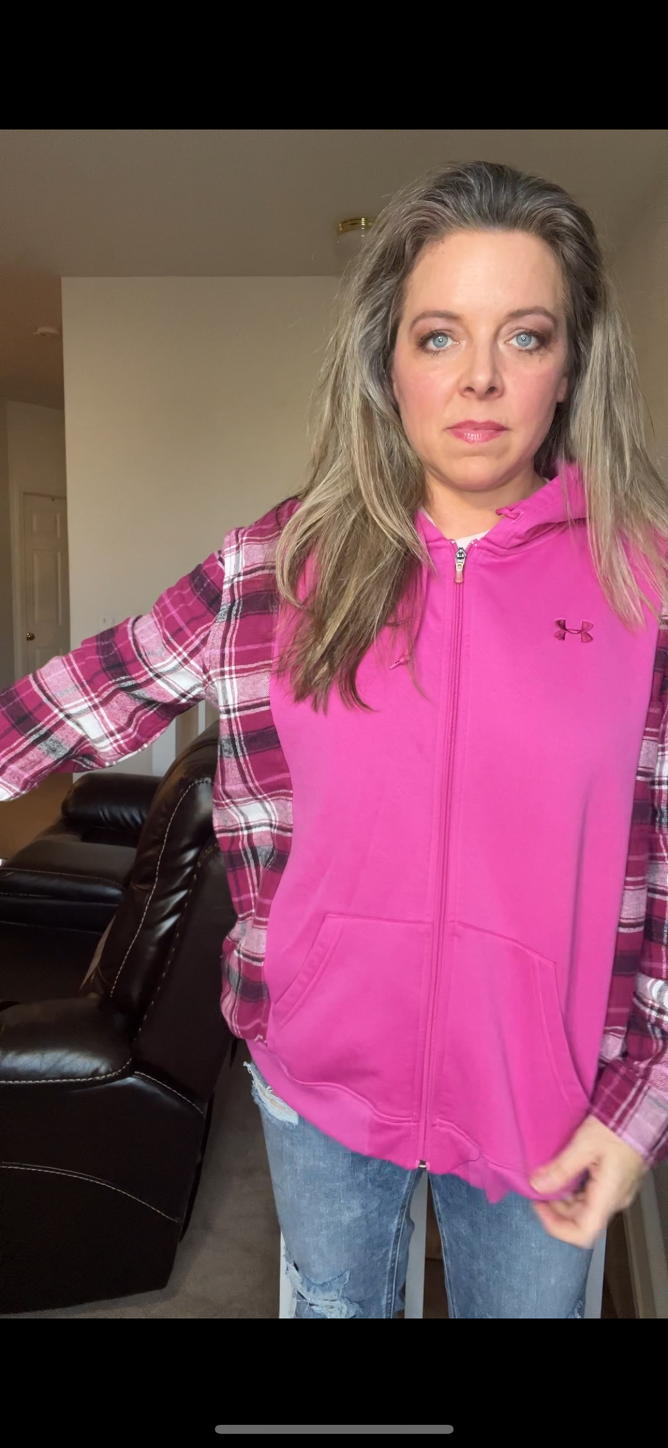 Upcycled Pink UA - ￼ Woman’s M/L – midweight sweatshirt with flannel sleeves – sleeves tighter￼