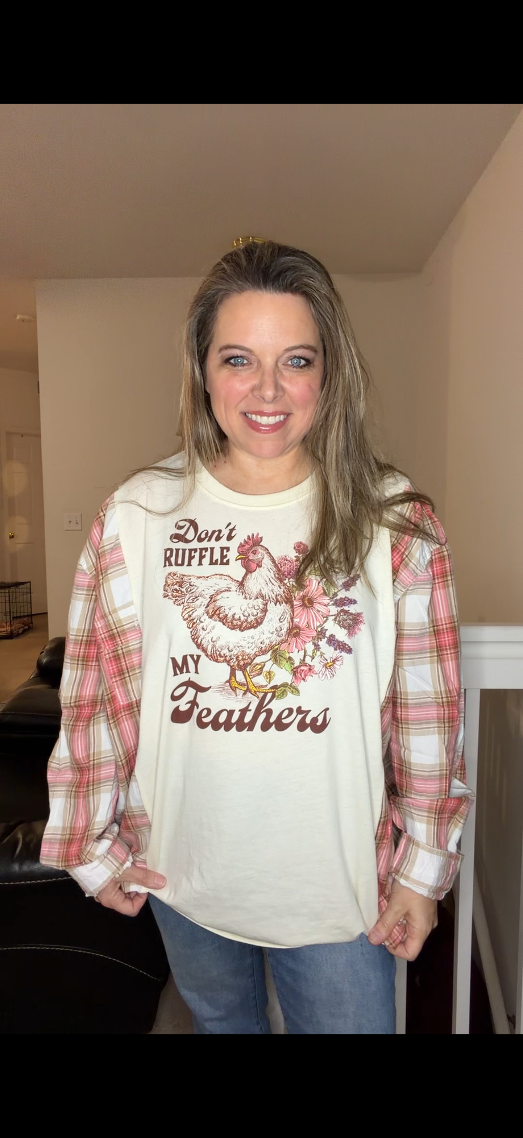 Upcycled Don't Ruffle - women's 3X T-shirt with thin flannel sleeves – sleeves slightly more fitted ￼