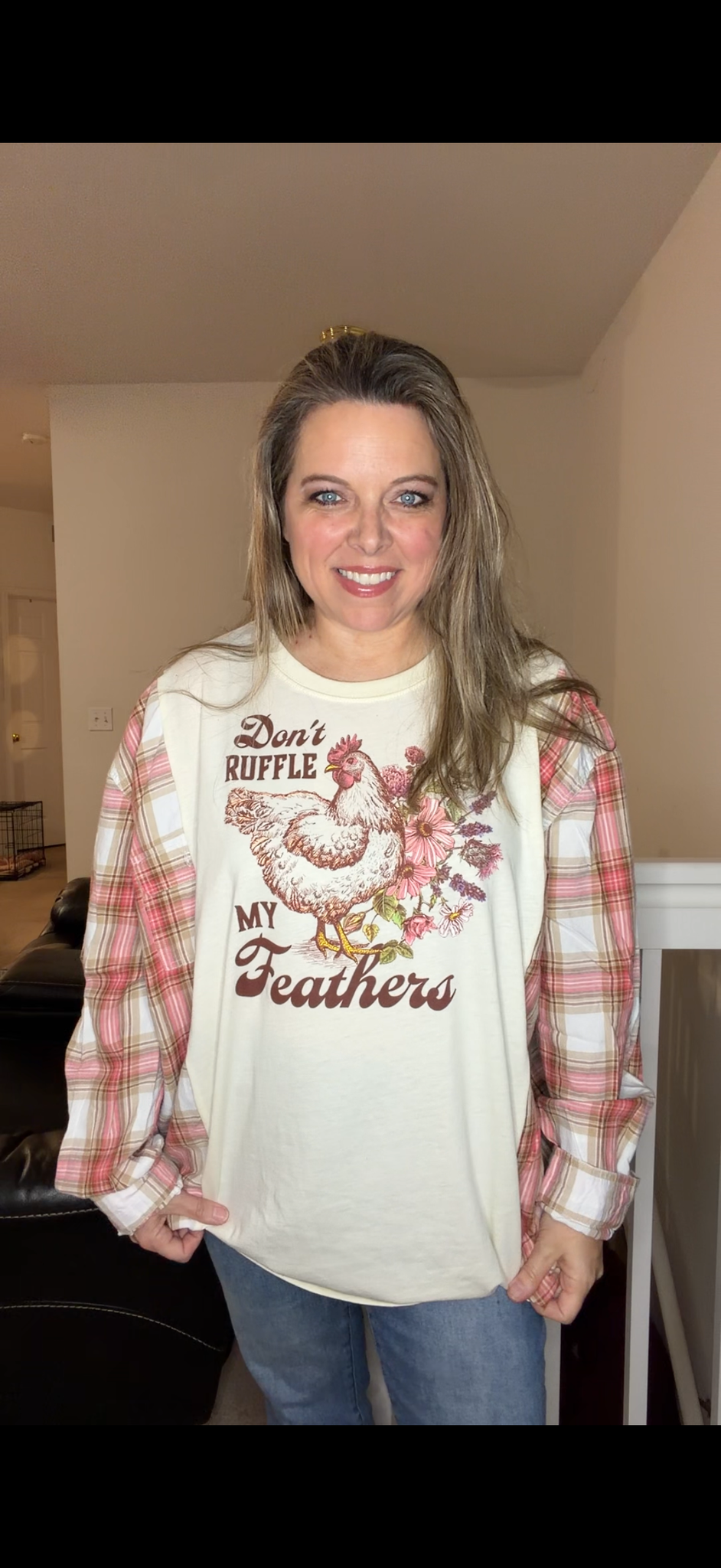 Upcycled Don't Ruffle - women's 3X T-shirt with thin flannel sleeves – sleeves slightly more fitted ￼