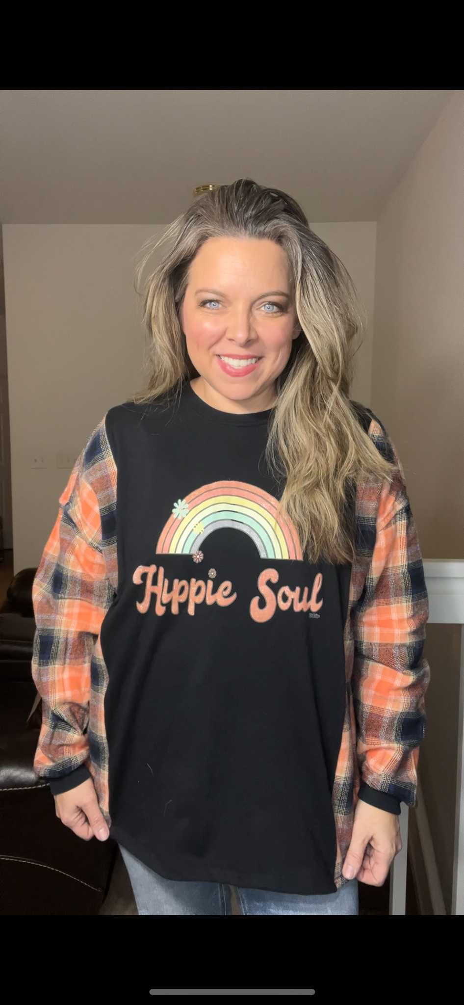 Upcycled Hippie – women’s XL/1X – T-shirt with thick flannel sleeves