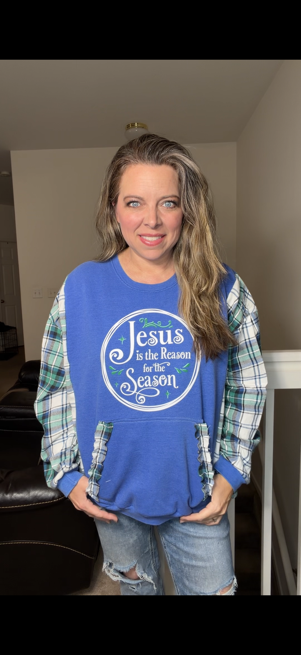 Upcycled Jesus - women's XL - midweight sweatshirt with flannel sleeves