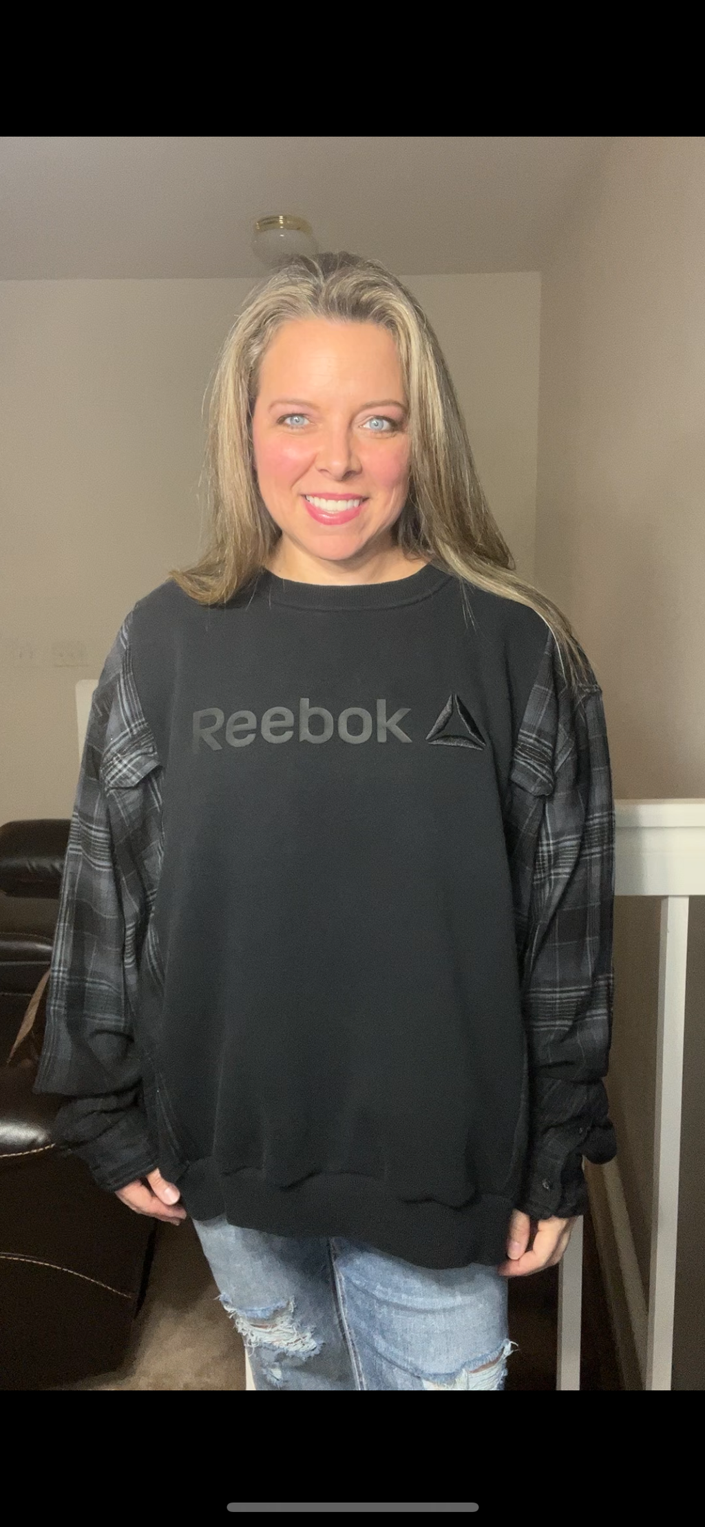 Upcycled Reebok Black – women’s one X – midweight sweatshirt with flannel sleeves ￼