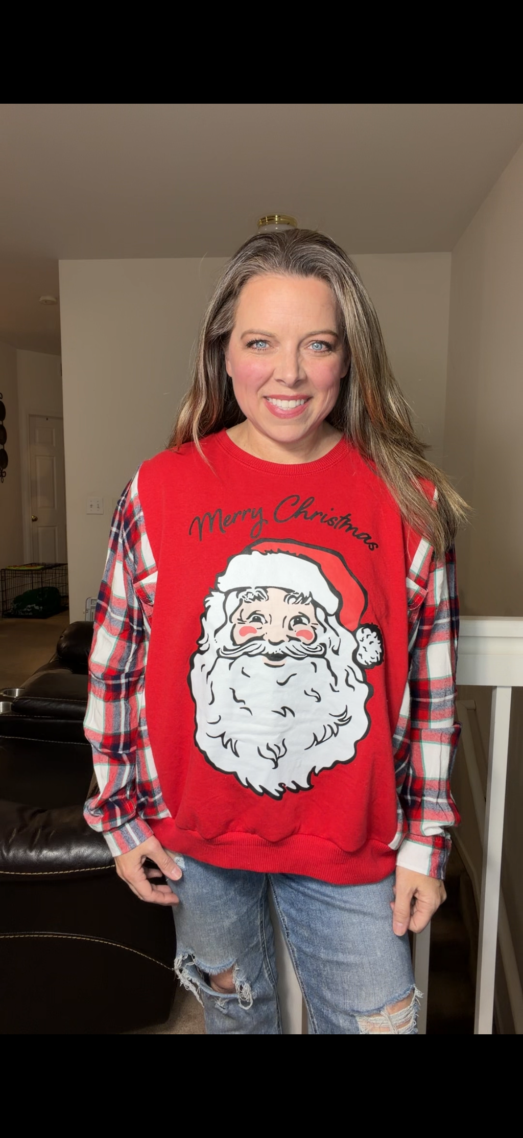 Upcycled Santa – women's medium midweight sweatshirt with fitted flannel sleeves ￼