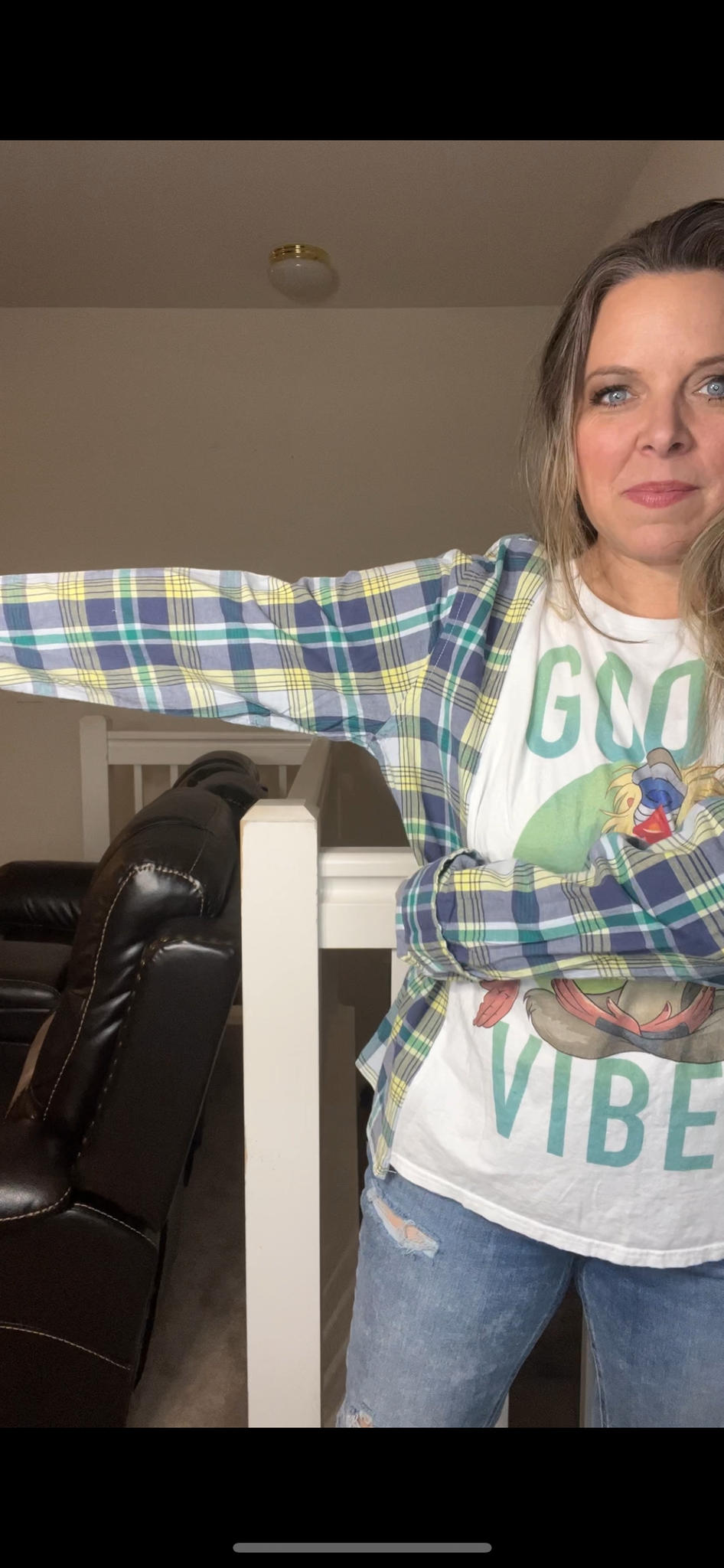 Upcycled Good Vibes – women’s large/XL T-shirt with soft cotton sleeves – sleeves slightly more narrow