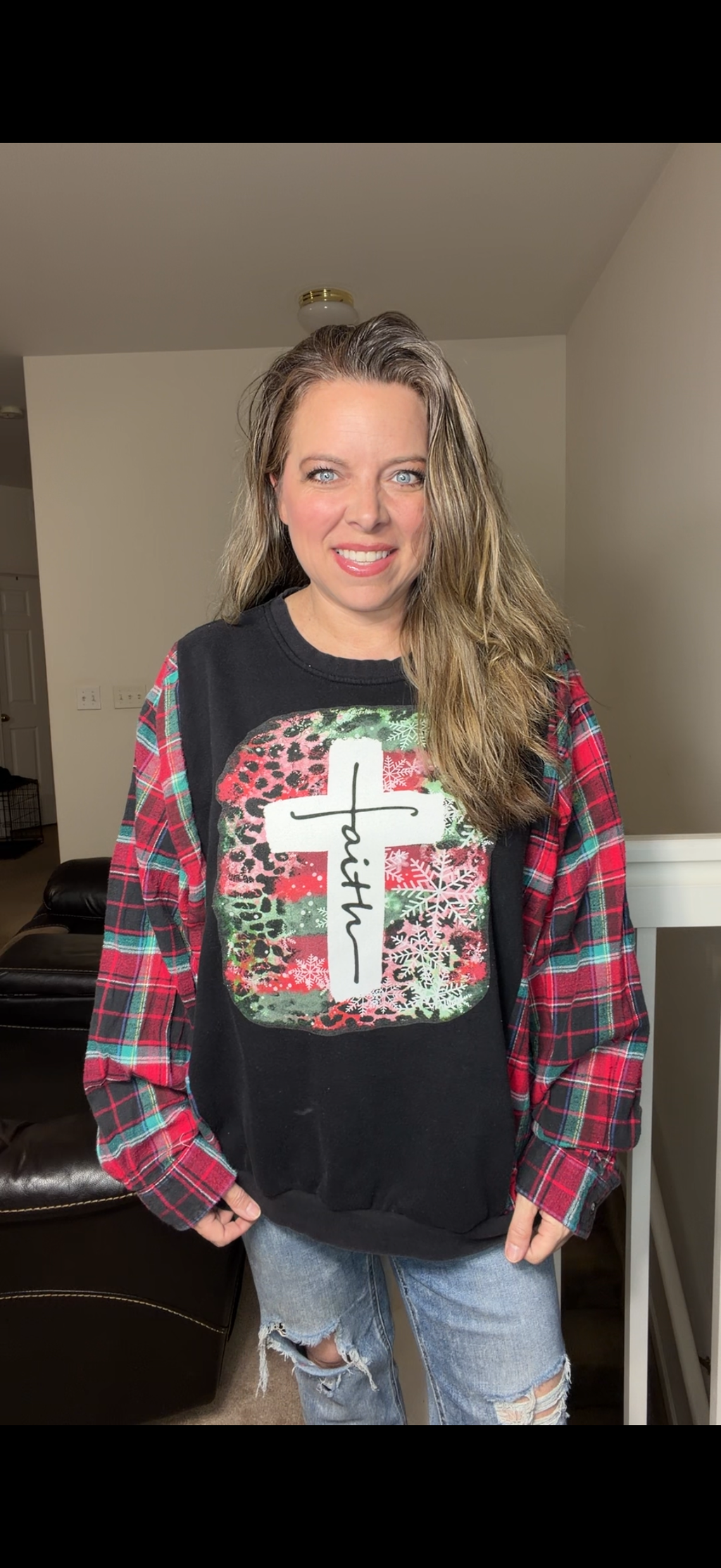 Upcycled Faith - women's 1X/2X midweight sweatshirt with flannel sleeves ￼
