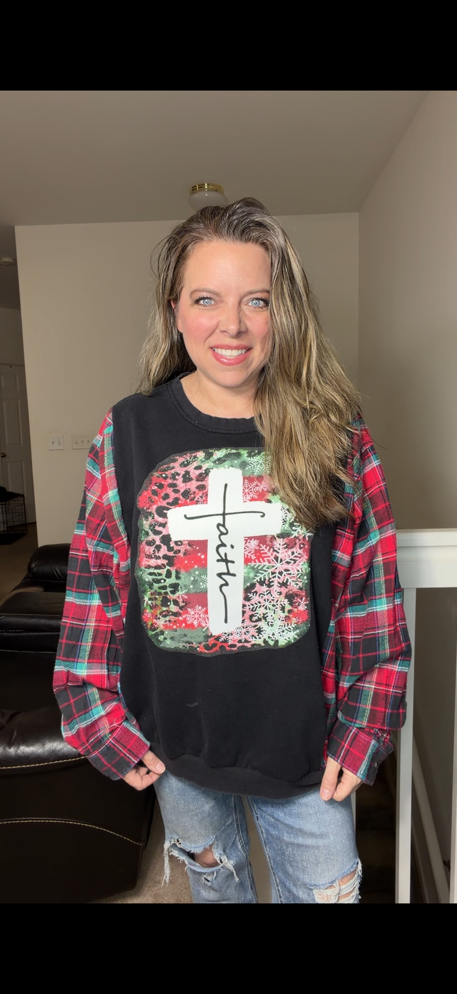 Upcycled Faith - women's 1X/2X midweight sweatshirt with flannel sleeves ￼