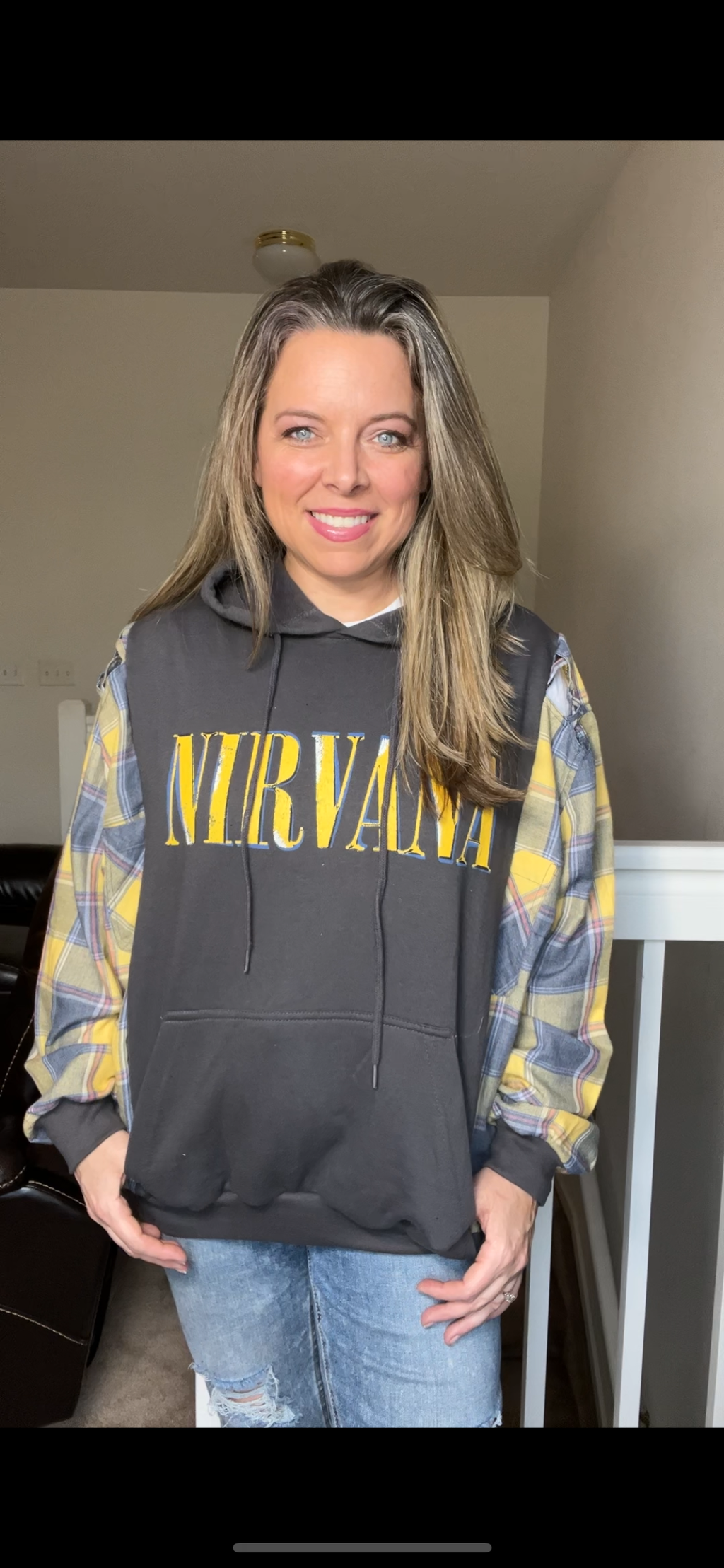 Upcycled Nirvana – women’s large – midweight sweatshirt with thin flannel sleeves￼