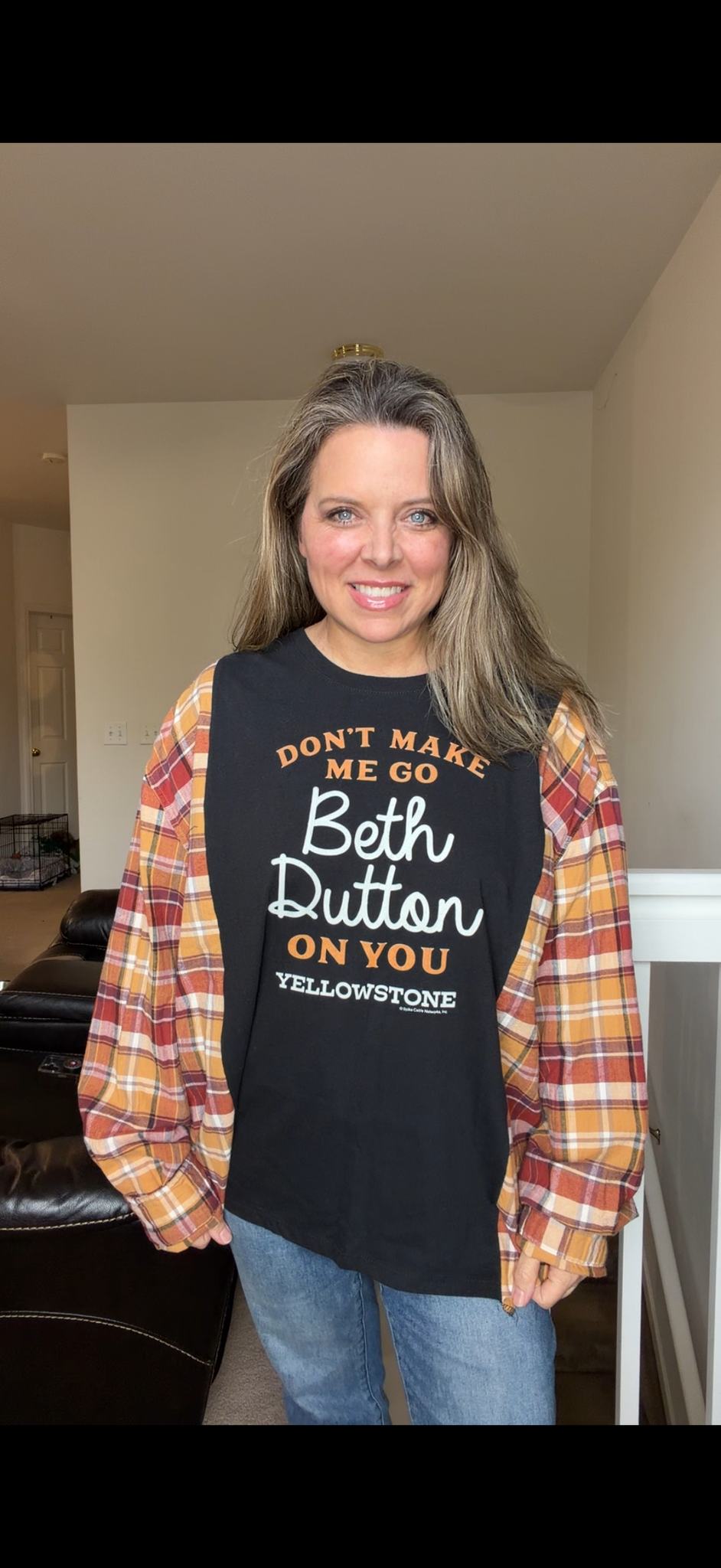 Upcycled Beth - women's 3X T-shirt with flannel sleeves ￼