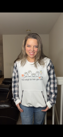 Upcycled Owls - women's medium/large midweight sweatshirt with thin flannel sleeves