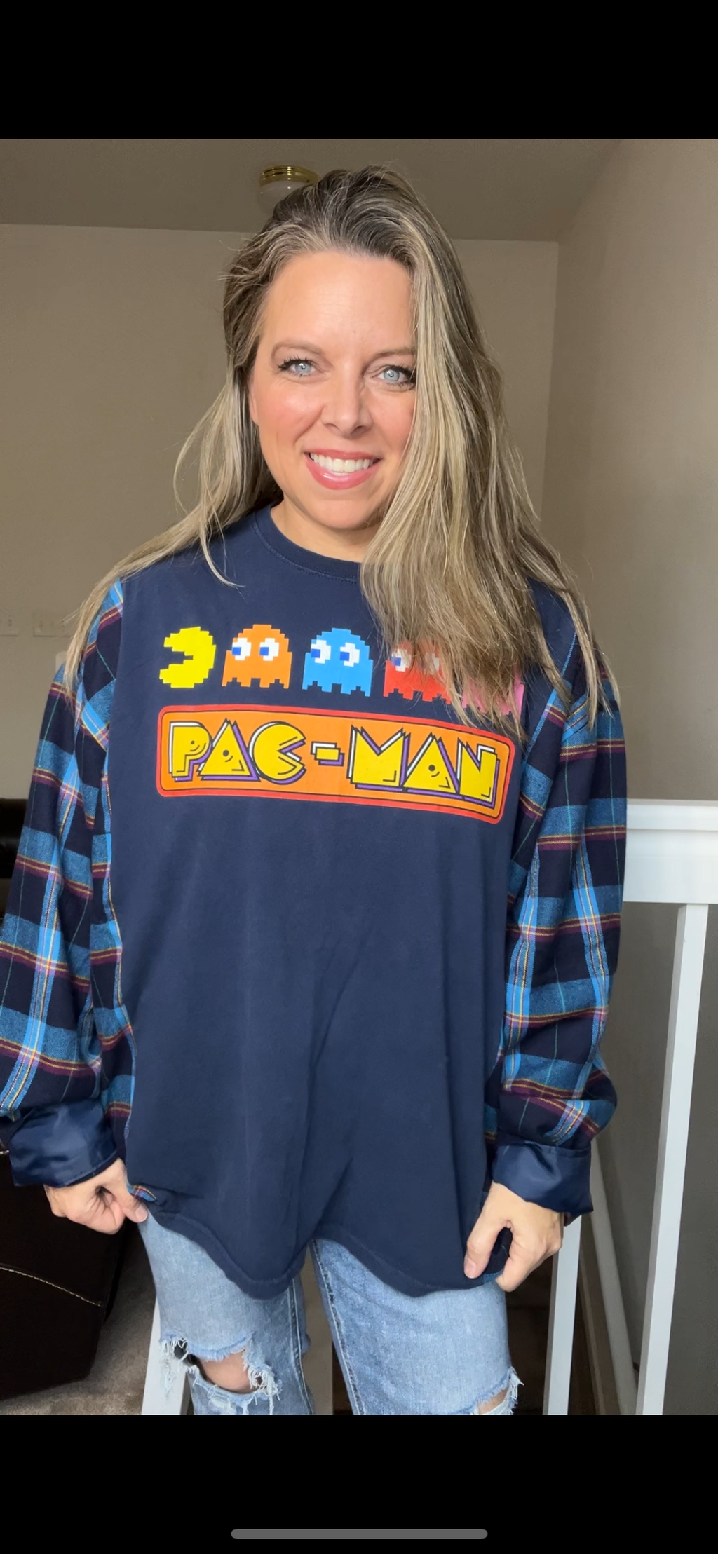Upcycled Pac-Man - woman's 3X Tshirt with flannel sleeves
