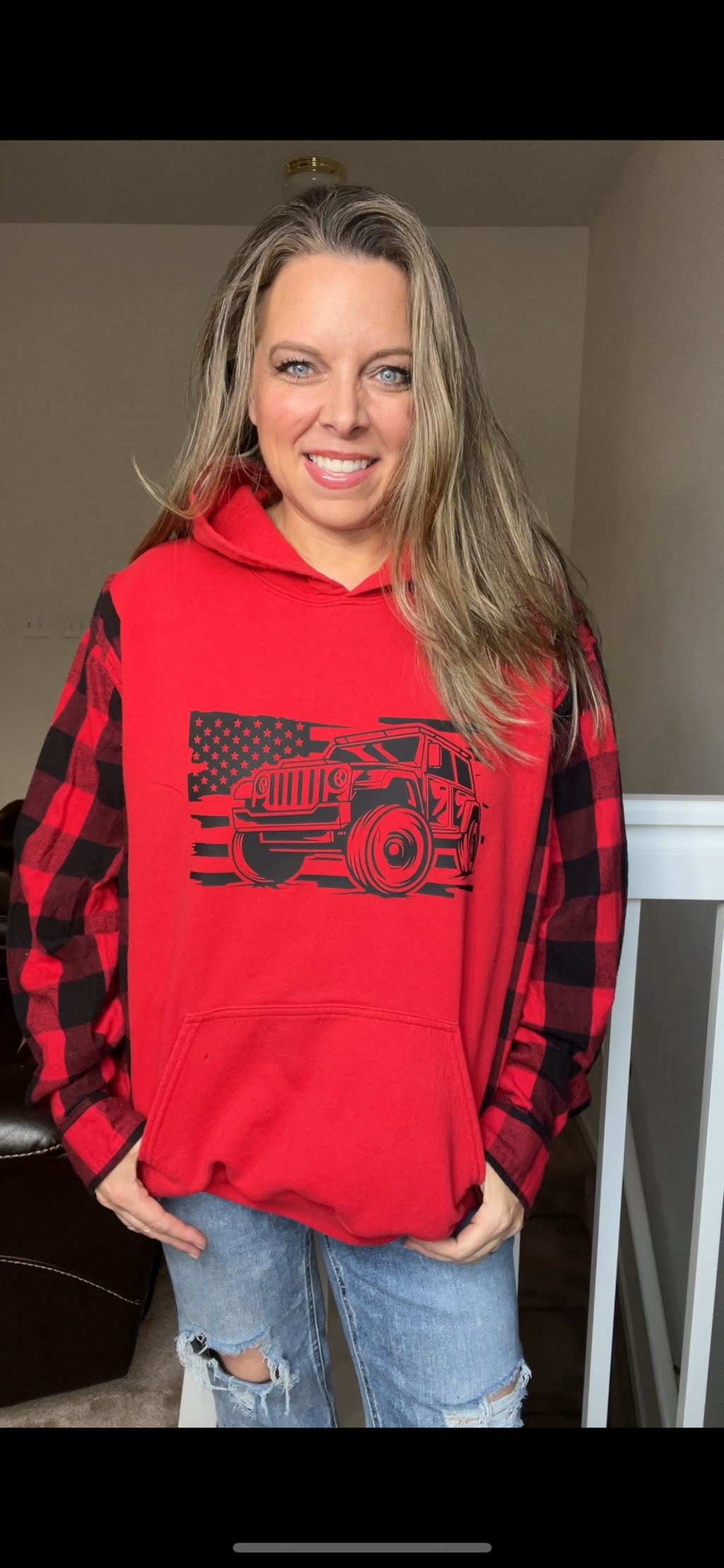 Upcycled Jeep - womans XL/1X midweight sweatshirt with flannel sleeves
