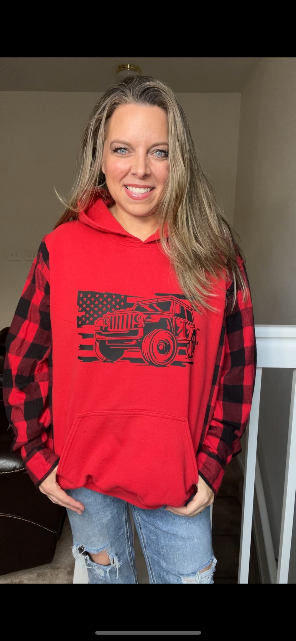 Upcycled Jeep - womans XL/1X midweight sweatshirt with flannel sleeves