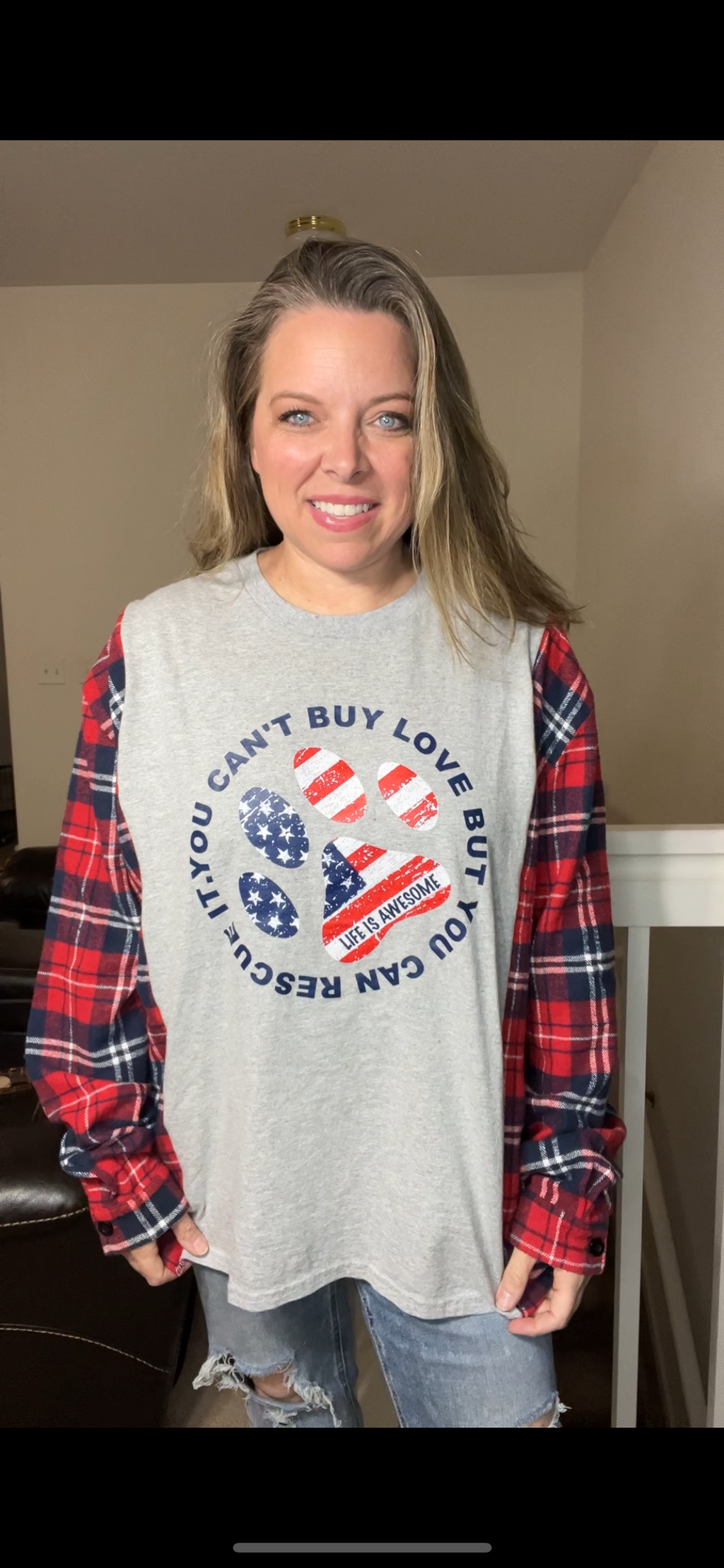 Upcycled Rescue paw – women’s 2X T-shirt with flannel sleeves