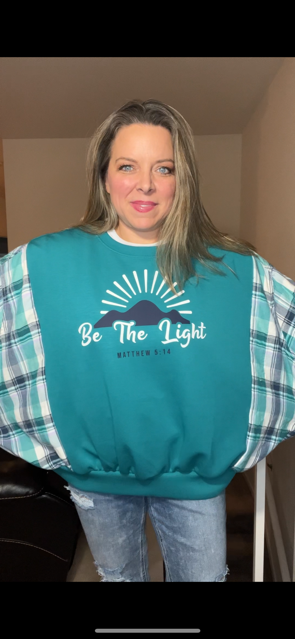 Upcycled Be the Light – women’s 1X – thin sweatshirt with flannel sleeves - wide neck