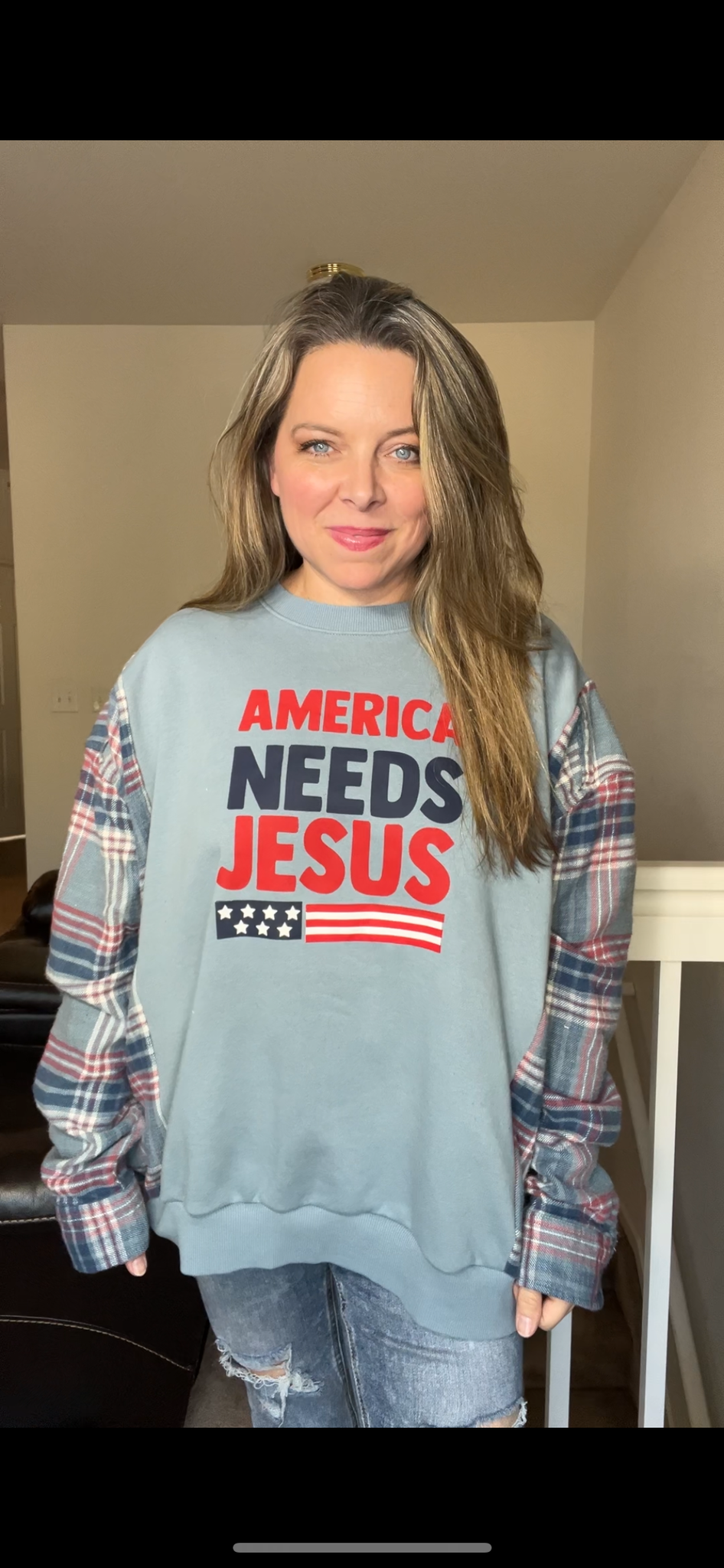 Upcycled American Jesus - woman's 1X/2X - midweight sweatshirt with flannel sleeves