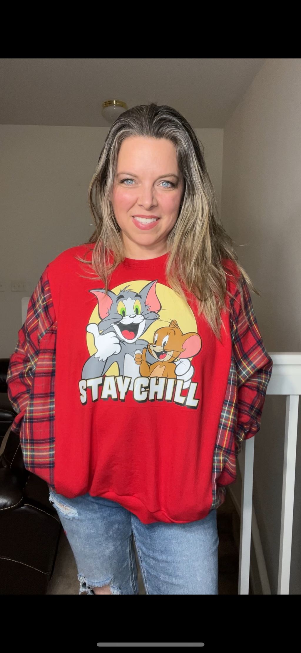 Upcycled Tom and Jerry – women’s small/medium midweight sweatshirt with flannel sleeves