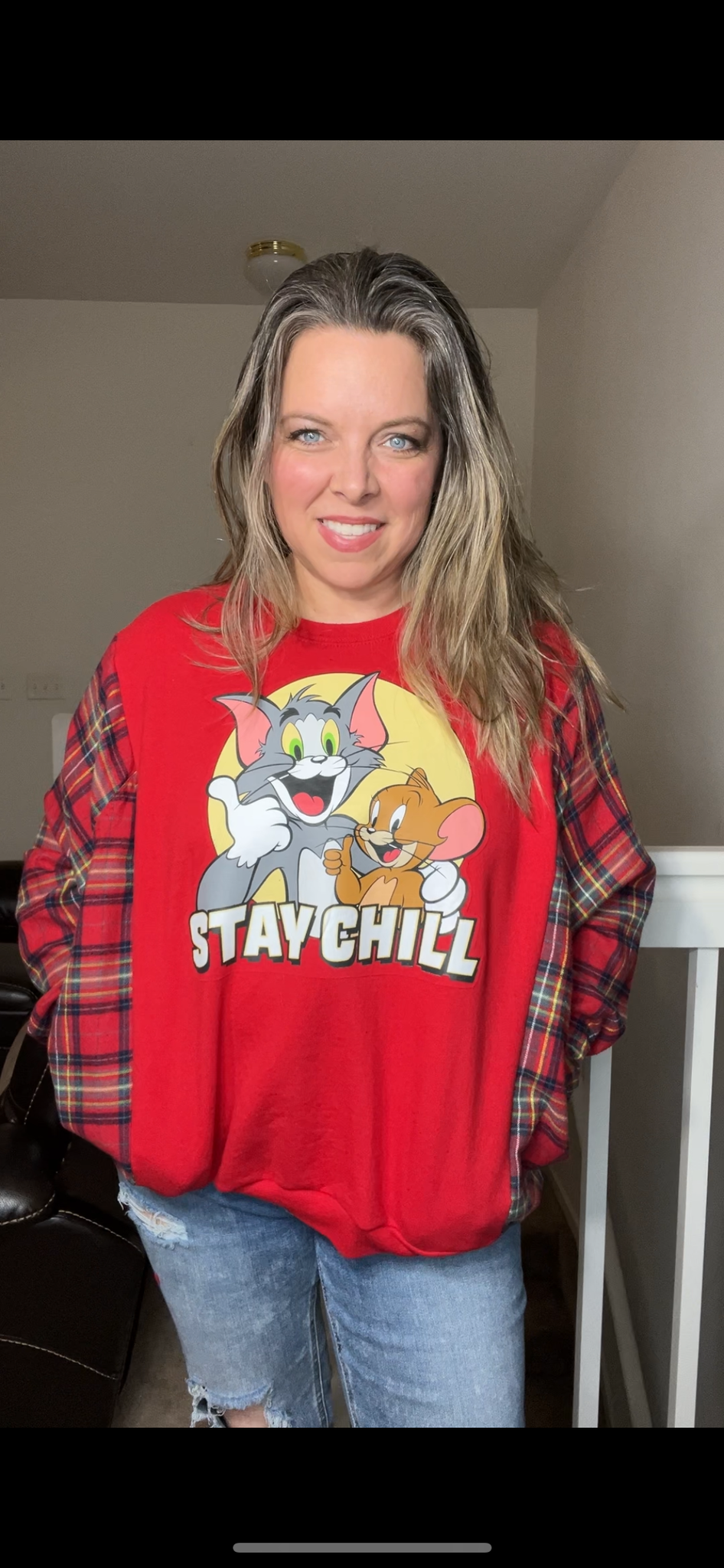 Upcycled Tom and Jerry – women’s small/medium midweight sweatshirt with flannel sleeves