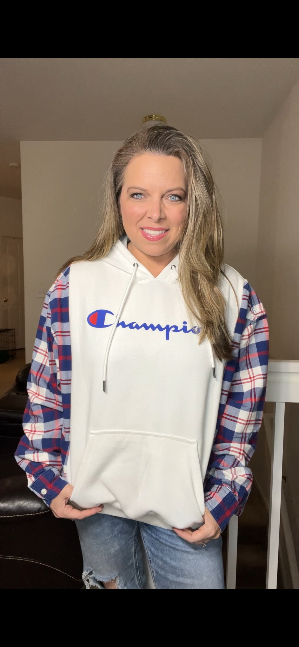 Upcycled Champion – women’s medium/large midweight Sweatshirt with￼ Flannel sleeves