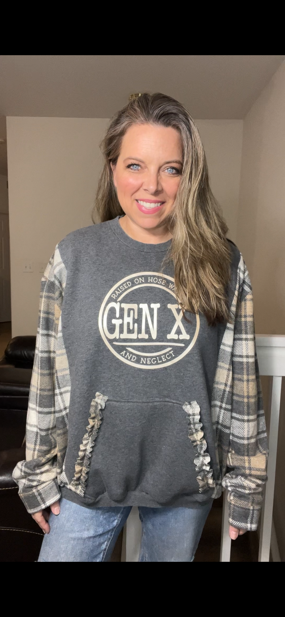 Upcycled Gen X Gray – women’s 2X midweight sweatshirt with stretchy sleeves