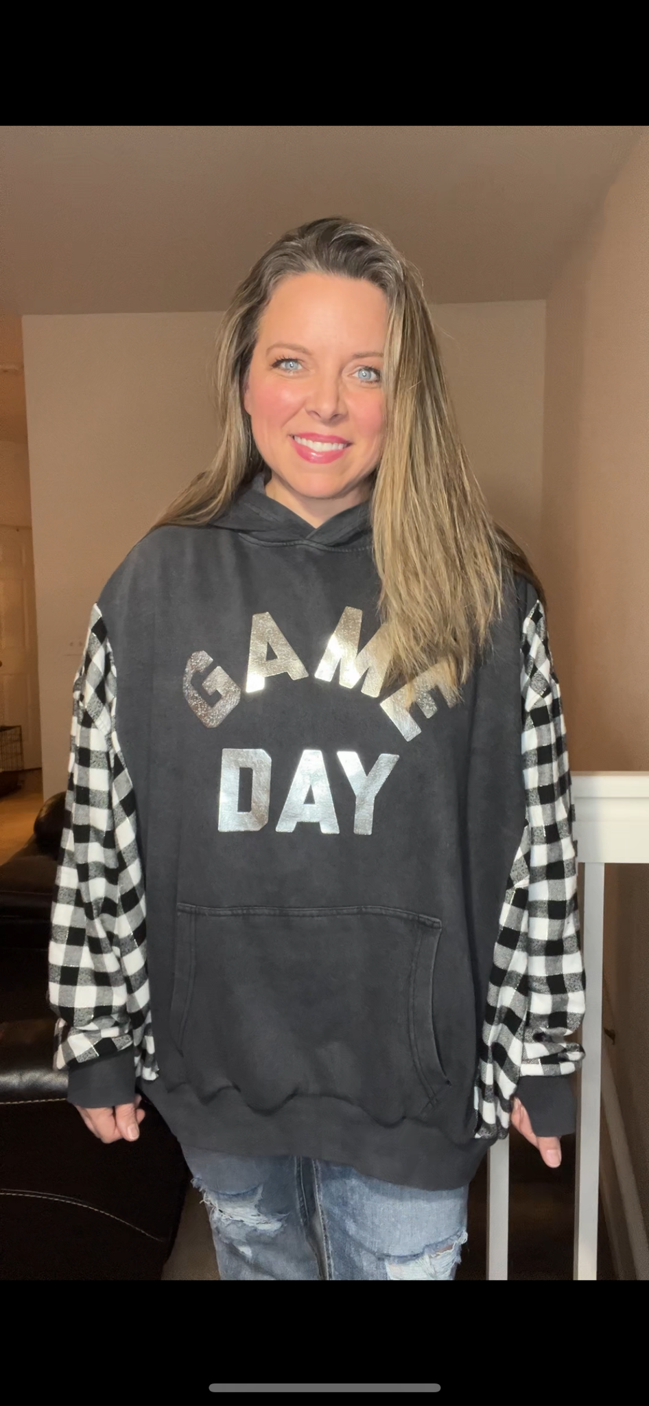 Upcycled Game Day – women’s 2X – midweight sweatshirt with glitter flannel sleeves