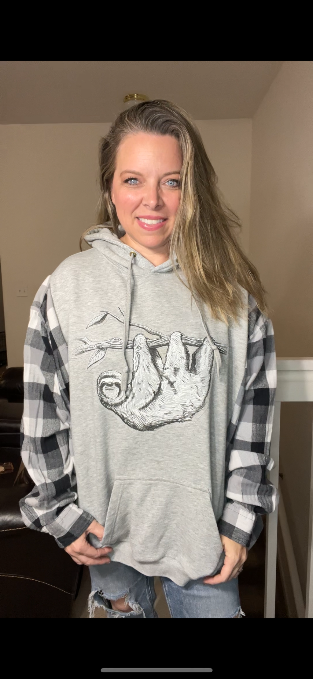 Upcycled Sloth – women’s 4X midweight sweatshirt with flannel sleeves