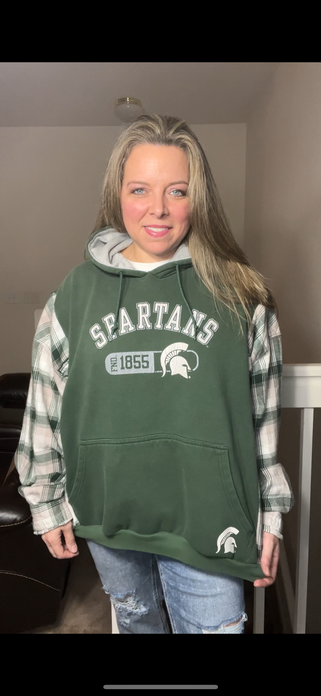 Upcycled MSU – women’s 1X – midweight sweatshirt with flannel sleeves