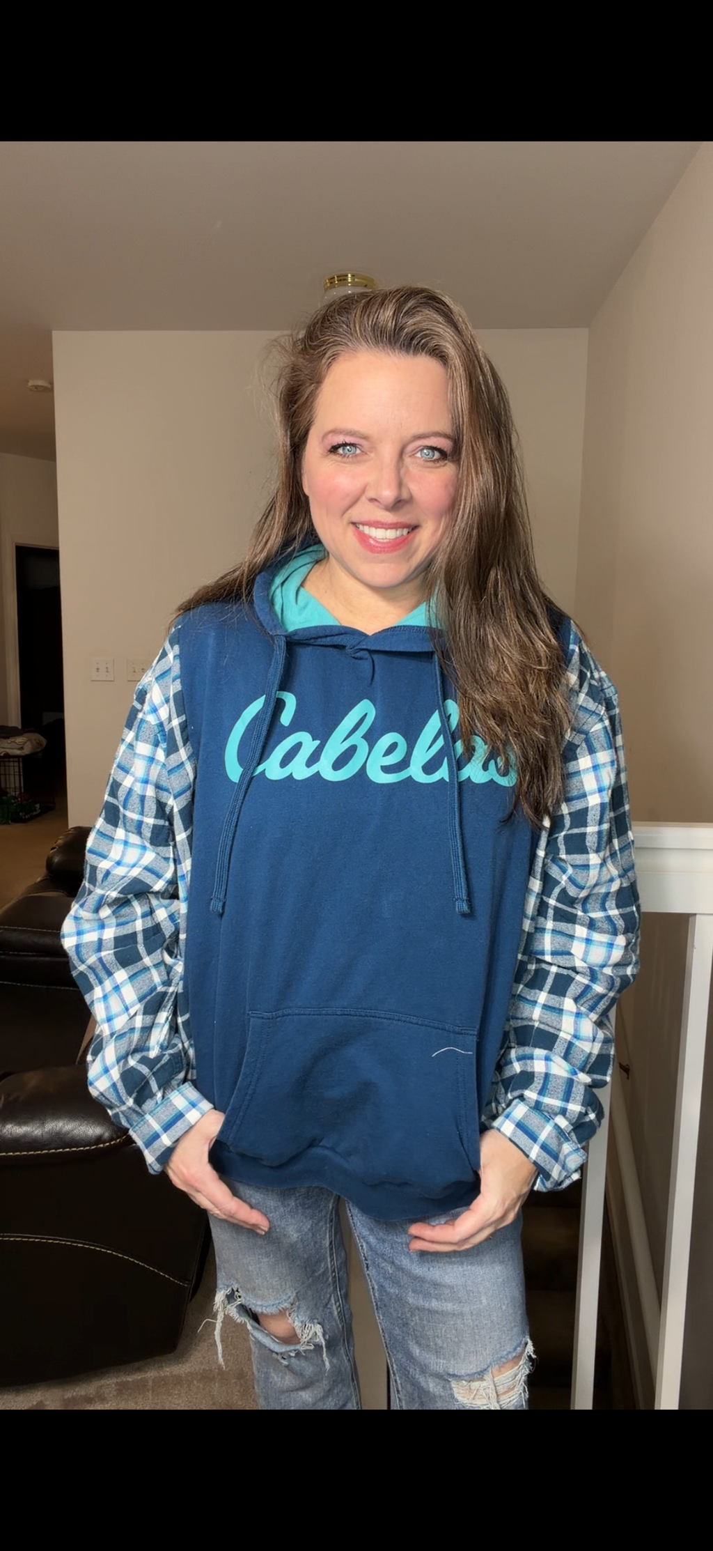 Upcycled Cabelas - women's XL midweight sweatshirt with flannel sleeves