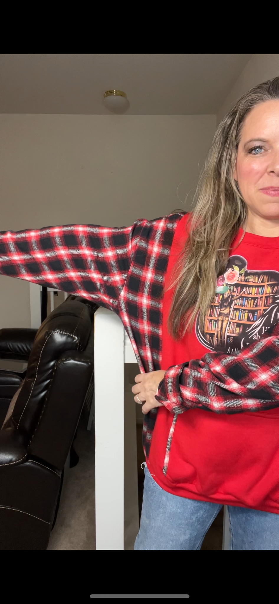 Upcycled Library – women’s 2X midweight sweatshirt with flannel sleeves