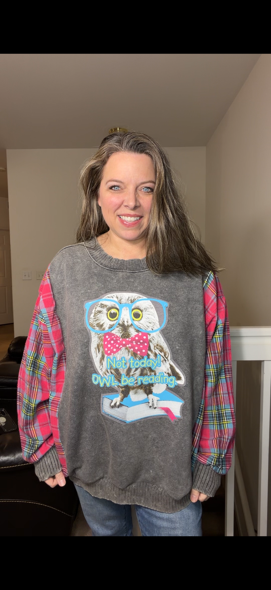 Upcycled Owl - women's 3X midweight sweatshirt with flannel sleeves